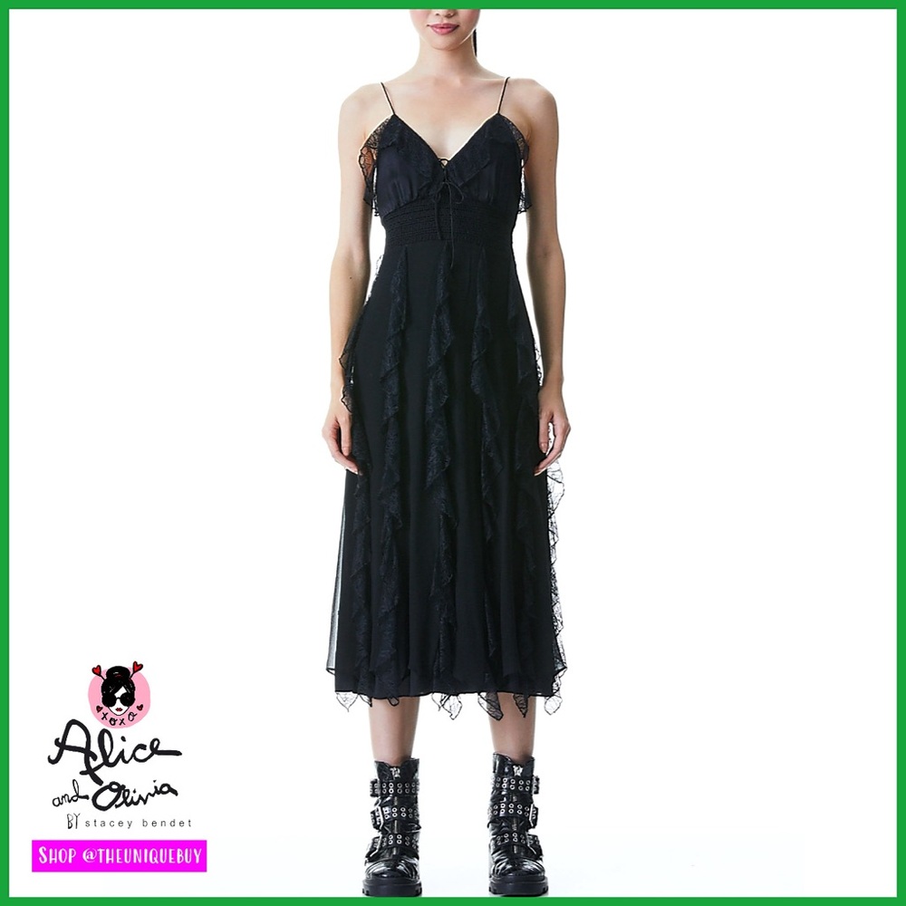 Alice + Olivia McGuire Lace & Silk Blend Black Midi Dress - Picture 16 of 17